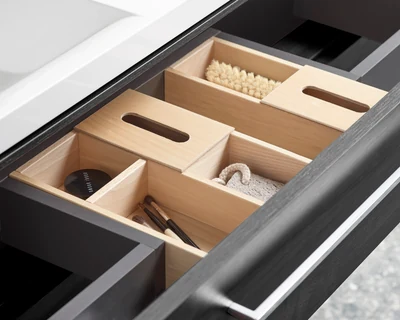 Scheme 1200mm with Isocast Basin and Umbra Beech Boxes - Modern bathroom design Essex Northamptonshire luxury vanity installation Bowman Bathrooms