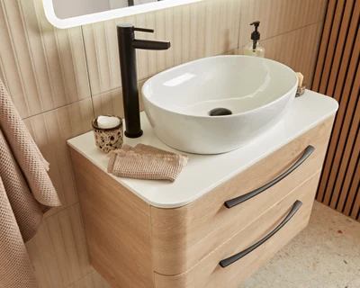 Modern bathroom with System Sand Oak vanity and contemporary systems - Luxury bathroom design Essex Northamptonshire oak vanity installation Bowman Bathrooms