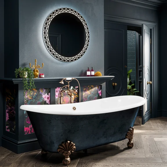 HiB Bellus illuminated mirror with LED lighting and Atlas Luxe brassware in brushed brass finish Bowman Bathrooms