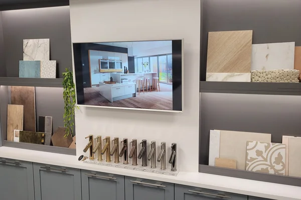 Premium material selection showcase at Bowmans Braintree bathroom showroom CM7, featuring luxury tiles and fixtures