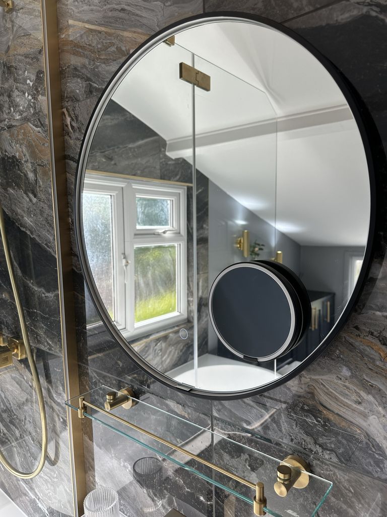 Ca' Pietra tiles closeup with J-shape bath angle and vanity view family bathroom Braintree Essex