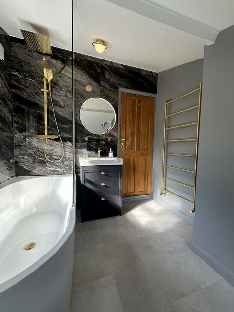 Chris & Alice's completed luxury family bathroom Braintree CM7 Essex featuring Roper Rhodes and brushed brass