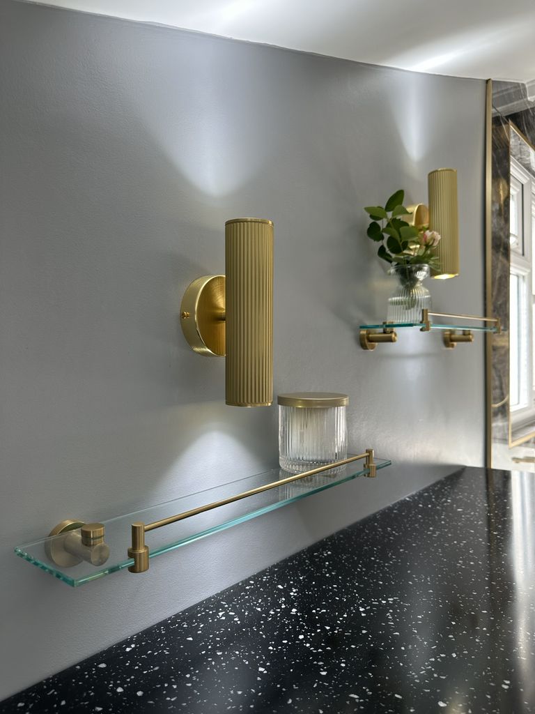 Shower enclosure Roper Rhodes brassware with Ca' Pietra tiles and Amtico flooring family bathroom Braintree CM7