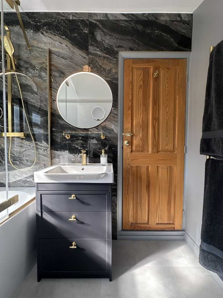 Vogue UK brass radiator with Ca' Pietra wall tiles family bathroom Braintree CM7