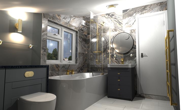 3D render gold fixtures Concierge vanity family bathroom design Braintree CM7