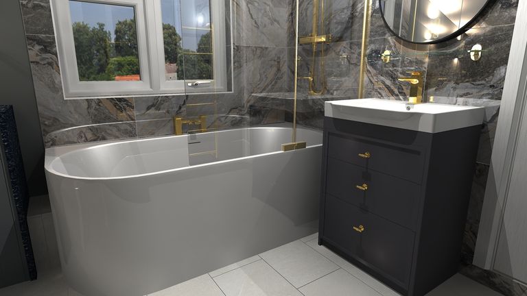 3D render J-shape bath closeup with Roper Rhodes vanity family bathroom design Braintree CM7