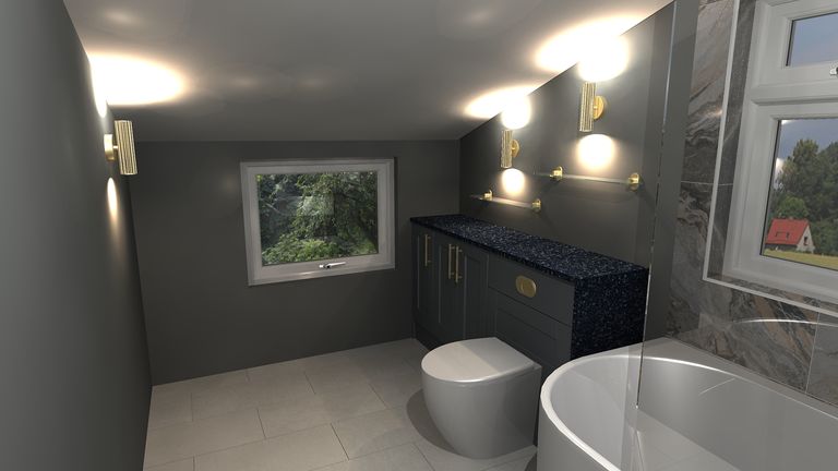 3D render luxury shower with gold radiator family bathroom design Braintree CM7