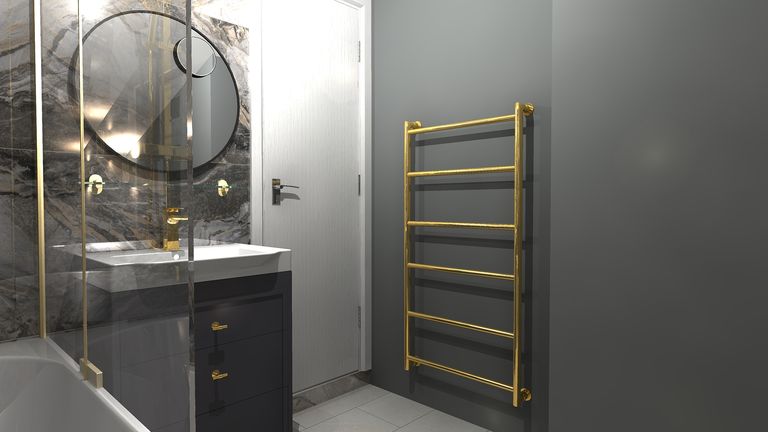 3D render top-down layout J-shape bath Concierge vanity family bathroom Braintree CM7