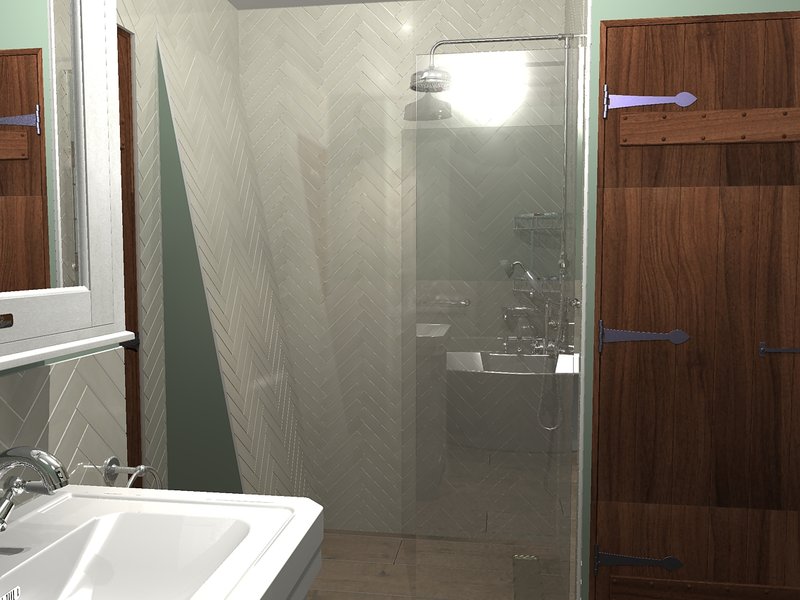 Tile layout 3D render Great Bardfield Essex bathroom design Ca Pietra visualisation