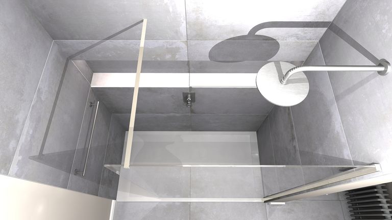 3D top-down view of walk-in shower with Crosswater Gallery 8 enclosure and Ca' Pietra Cenere tiles, Great Saling CM7
