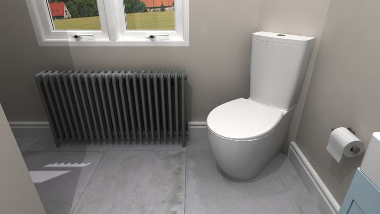 3D render showing Roper Rhodes Paradigm WC with Vogue UK Aestus Bartholomew radiator, heritage bathroom Great Saling CM7